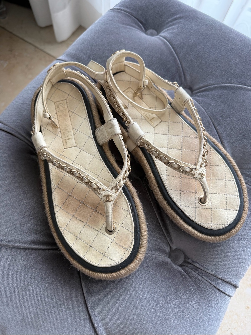CHANEL Cream Quilted Leather Chain Thong Espadrille Sandals - Picture 2 of 5